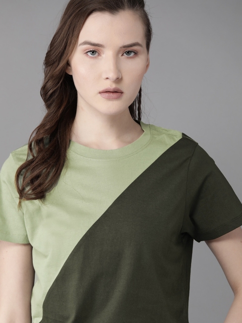 

Roadster Women Olive Green Aloe Vera Finish Colourblocked Round Neck T-shirt