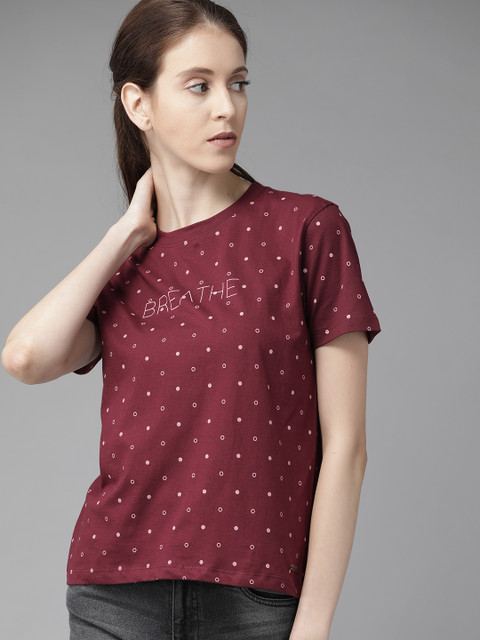 

Roadster Women Maroon & Pink Printed Round Neck T-shirt
