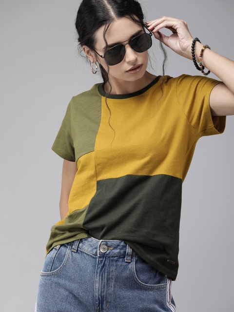 

Roadster Women Mustard Yellow Olive Green Colourblocked Round Neck Pure Cotton T-shirt