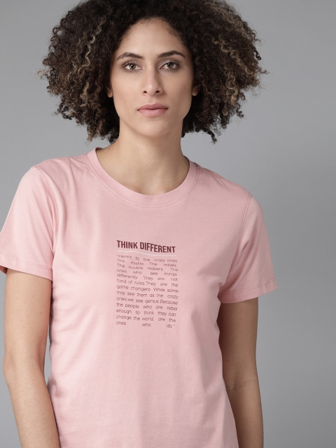 Women Pink & Burgundy Typography Print Round Neck T-shirt