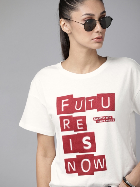

Roadster Women White & Maroon Slogan Print Round Neck Cotton T-shirt