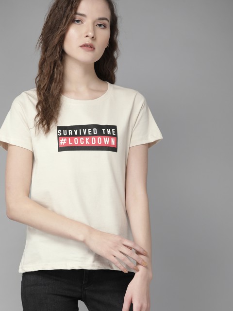 

Roadster Women Beige Printed Round Neck T-shirt