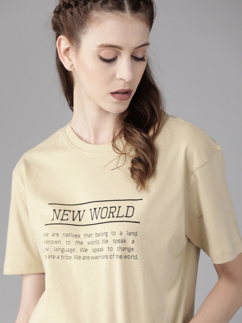 

Roadster Women Beige & Black Printed Round Neck T-shirt