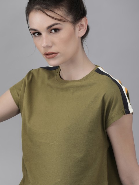 

Roadster Women Olive Green Solid Round Neck T-shirt with Side Stripes