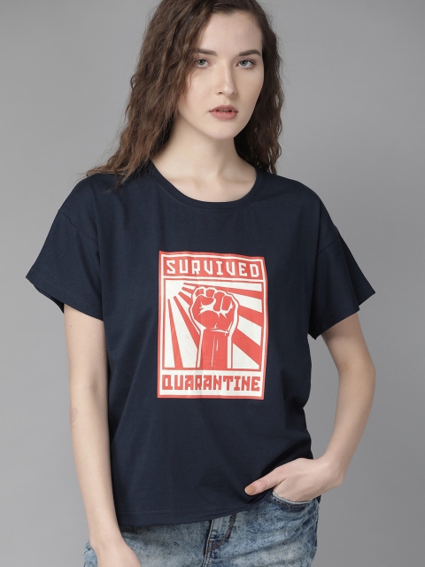 

Roadster Women Navy & Red Printed Round Neck T-shirt, Navy blue