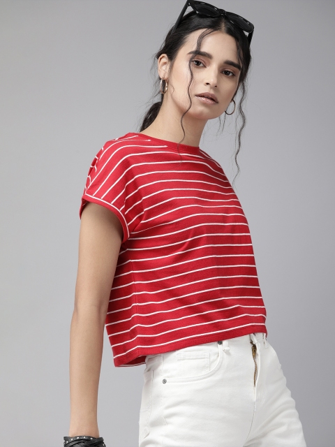 

Roadster Women Red Striped Round Neck T-shirt