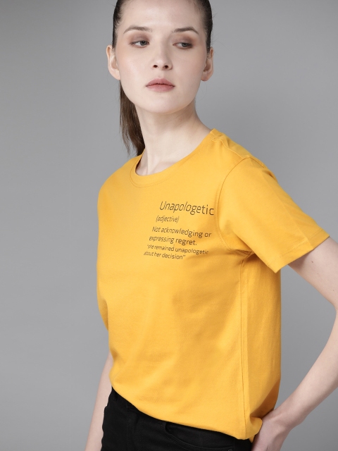 

Roadster Women Mustard Yellow & Black Printed Round Neck T-shirt
