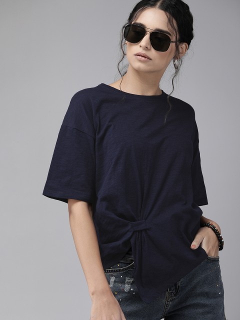 

Roadster Women Navy Blue Solid Twisted Detail Round Neck T-shirt