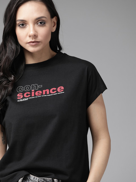 

Roadster Women Black Printed Round Neck T-shirt