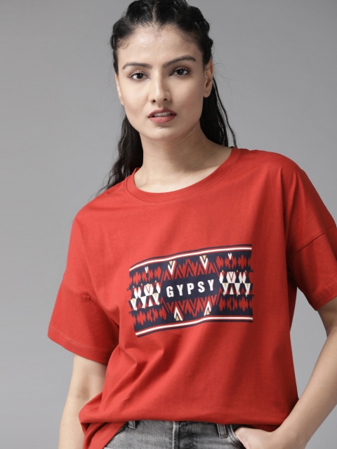 Women Rust Red Pure Cotton Printed Round Neck Pure Cotton T-shirt