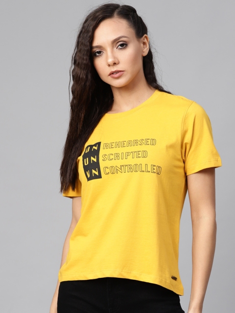 

Roadster Women Mustard Yellow Printed Round Neck T-shirt