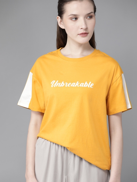 

Roadster Women Mustard Yellow Printed Detail Round Neck T-shirt