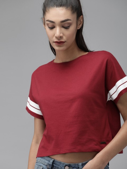 

Roadster Women Maroon Pure Cotton Solid Round Neck Crop Boxy T-shirt