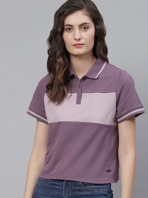 

Roadster Women Purple & Pink Colourblocked Polo Collar T-shirt