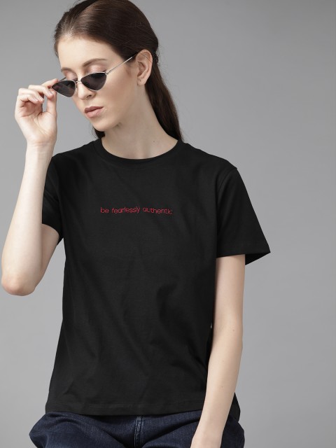 

Roadster Women Black Embroidered Detail Round Neck Pure Cotton T-shirt