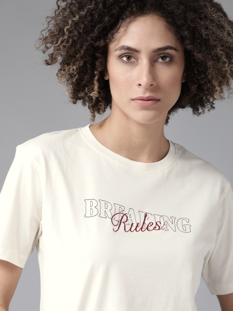 

Roadster Women Off-White Printed Round Neck T-shirt