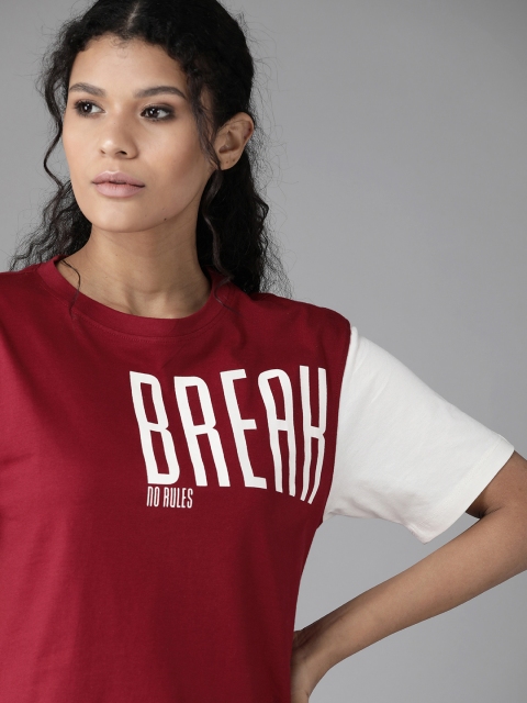 

Roadster Women Maroon & White Printed Round Neck T-shirt