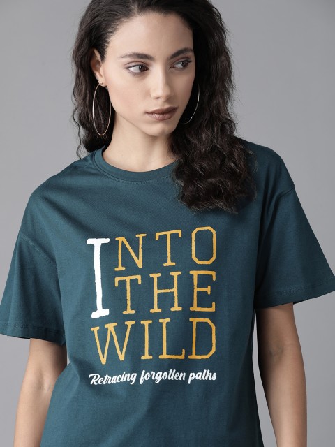 

Roadster Women Teal Blue & Mustard Yellow Typography Printed Round Neck T-shirt
