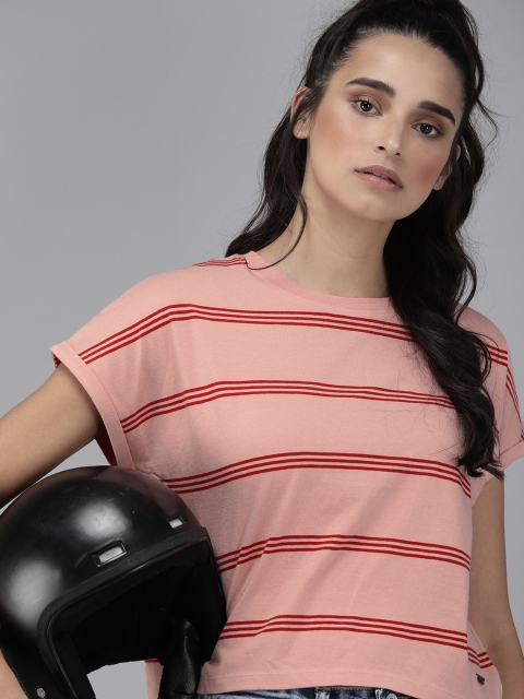 

The Roadster Lifestyle Co Women Pink Red Striped Round Neck Pure Cotton T-shirt