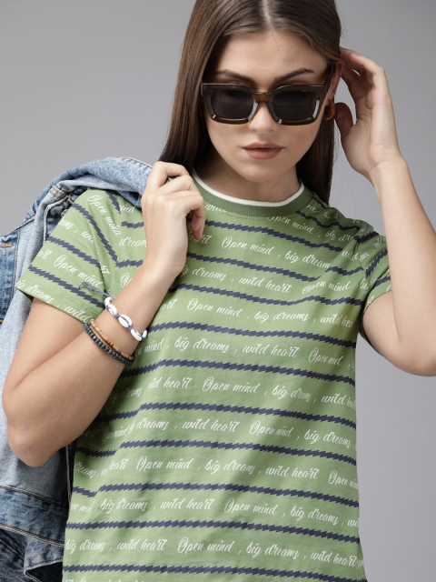 

Roadster Women Olive Green Navy Blue Printed Round Neck Pure Cotton T-shirt