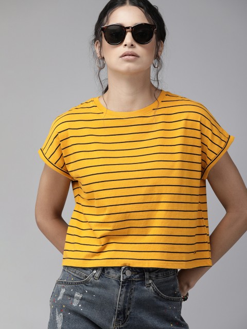 

Roadster Women Mustard Yellow & Black Striped Round Neck T-shirt