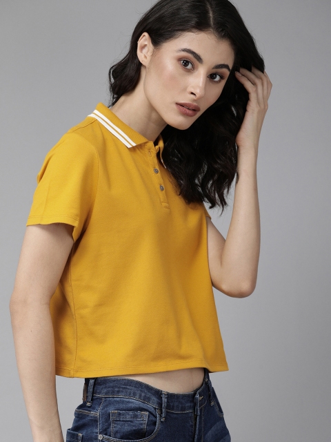 

Roadster Women Mustard Yellow Solid Polo Collar Crop T-shirt
