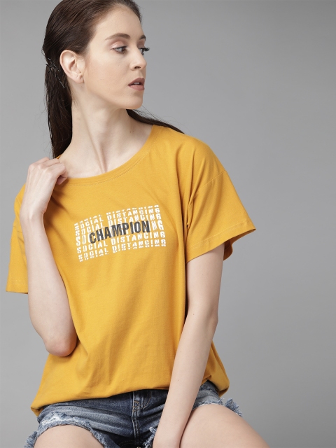 

Roadster Women Mustard Yellow & White Printed Round Neck T-shirt