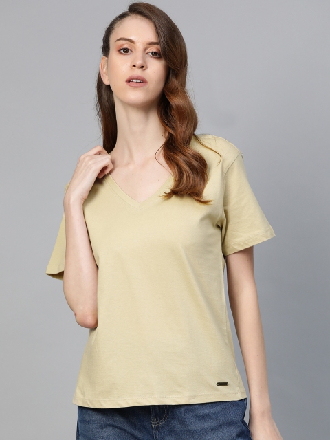 

Roadster Women Beige Solid V-Neck T-shirt