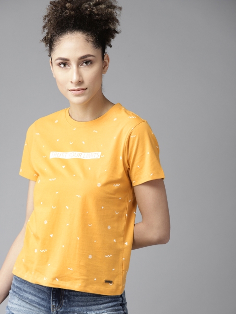 

Roadster Women Mustard Yellow & White Printed Round Neck T-shirt