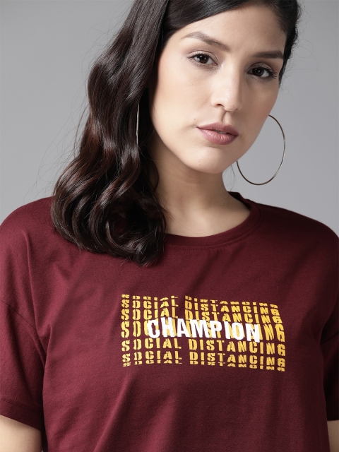 

Roadster Women Burgundy Printed Round Neck T-shirt