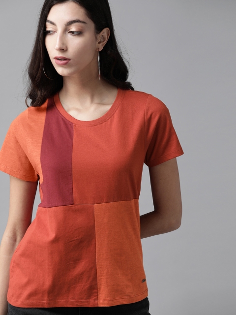 

Roadster Women Orange & Maroon Colourblocked Pure Cotton Round Neck T-shirt