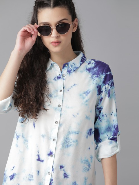 

Roadster Women White & Blue EcoVero Regular Fit Dyed Casual Shirt