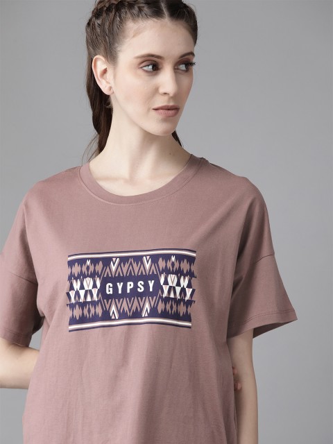 

Roadster Women Mauve & Navy Blue Graphic Print Round Neck Pure Cotton T-shirt