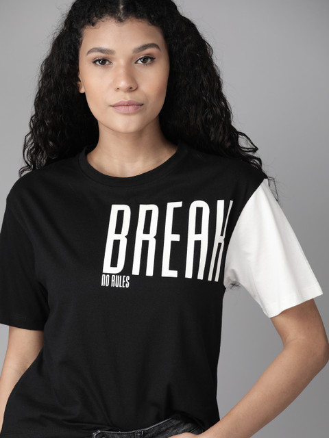 

Roadster Women Black & White Printed Round Neck T-shirt