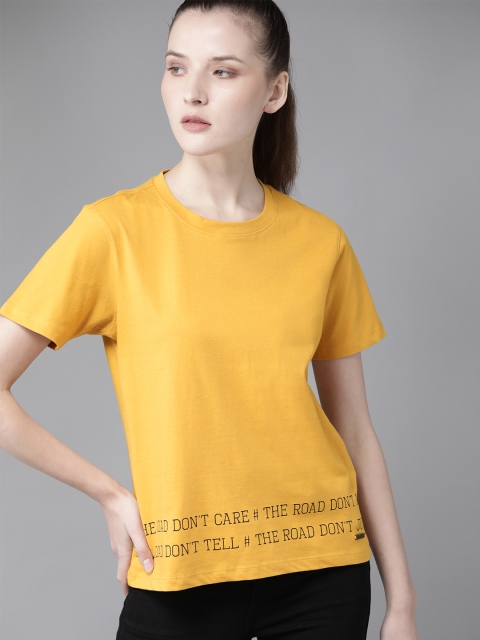 

Roadster Women Mustard Yellow Printed Detail Round Neck Pure Cotton T-shirt
