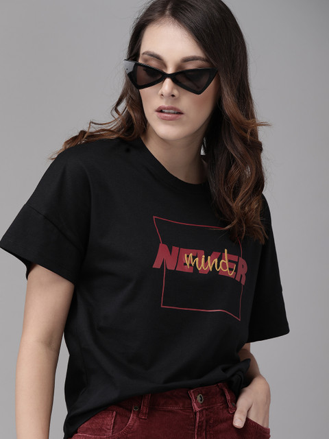 

Roadster Women Black Printed Round Neck Pure Cotton T-shirt with Embroidery