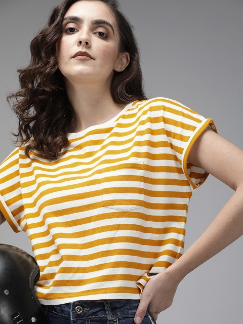 

Roadster Women Yellow Striped Round Neck T-shirt