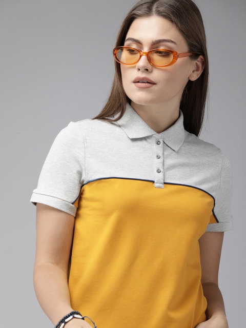 

Roadster Women Mustard Yellow & Grey Melange Colourblocked Polo Collar T-shirt