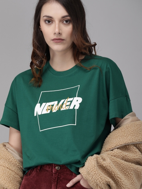 

Roadster Women Green Printed Round Neck T-shirt with Embroidery