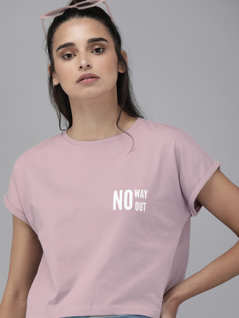 

Roadster Women Pink Solid Round Neck Crop Pure Cotton T-shirt with Printed detail