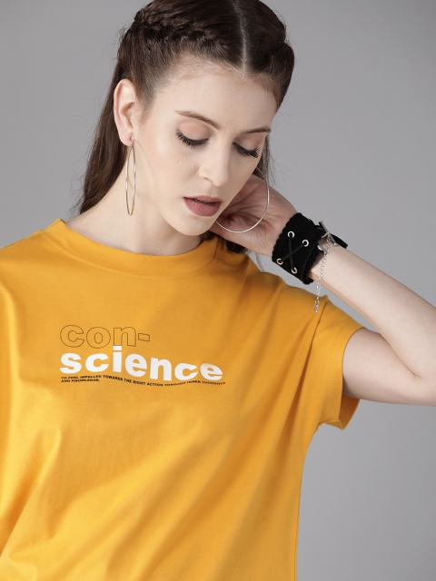 

Roadster Women Mustard Yellow Solid Round Neck T-shirt with Printed Detail