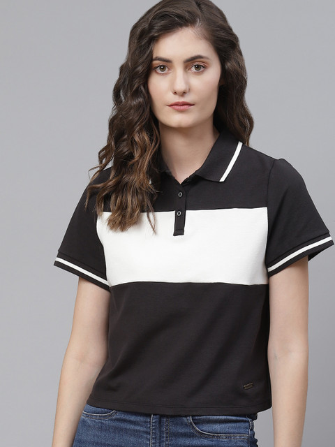 

Roadster Women Black & White Boxy Fit Colourblocked Polo Collar T-shirt