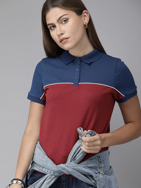 

Roadster Women Red & Navy Blue Colourblocked Polo Collar T-shirt