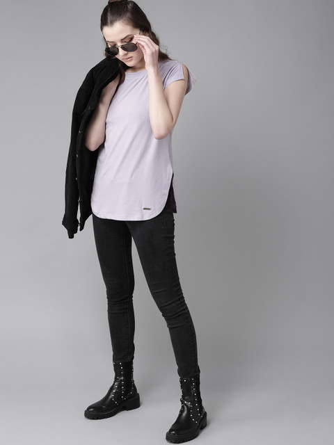 

Roadster Women Lavender Solid Round Neck T-shirt
