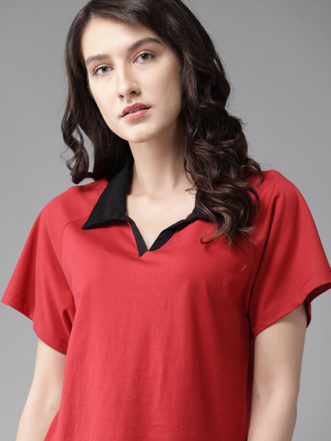 

Roadster Women Red Solid Pure Cotton Polo Collar T-shirt