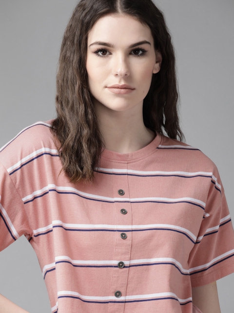 

Roadster Women Dusty Pink White Striped Boxy Round Neck Pure Cotton T-shirt