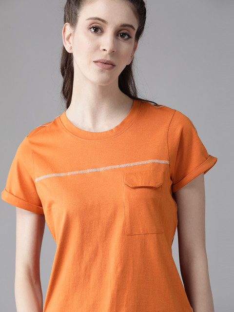 

Roadster Women Orange Solid Round Neck Pure Cotton T-shirt with Thread Work Detail