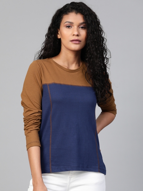 

Roadster Women Navy Blue & Brown Colourblocked Round Neck T-shirt