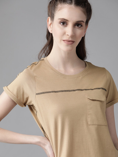 

Roadster Women Khaki Solid Round Neck Pure Cotton T-shirt with Thread Work Detail