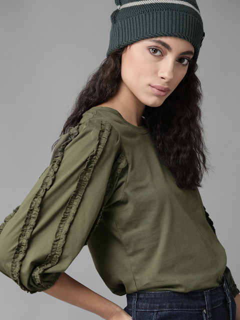 

Roadster Women Olive Green Solid Pure Cotton Top
